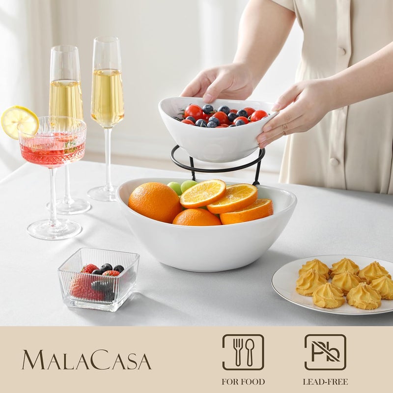 MALACASA 2 Tier Chip and Dip Serving Set with Metal Stand,Ceramic Appetizer Bowls for Party, Multi-Use Food Display for Fruits, Snacks,White Elegant Tiered Serving Dishes for Party - Image 3